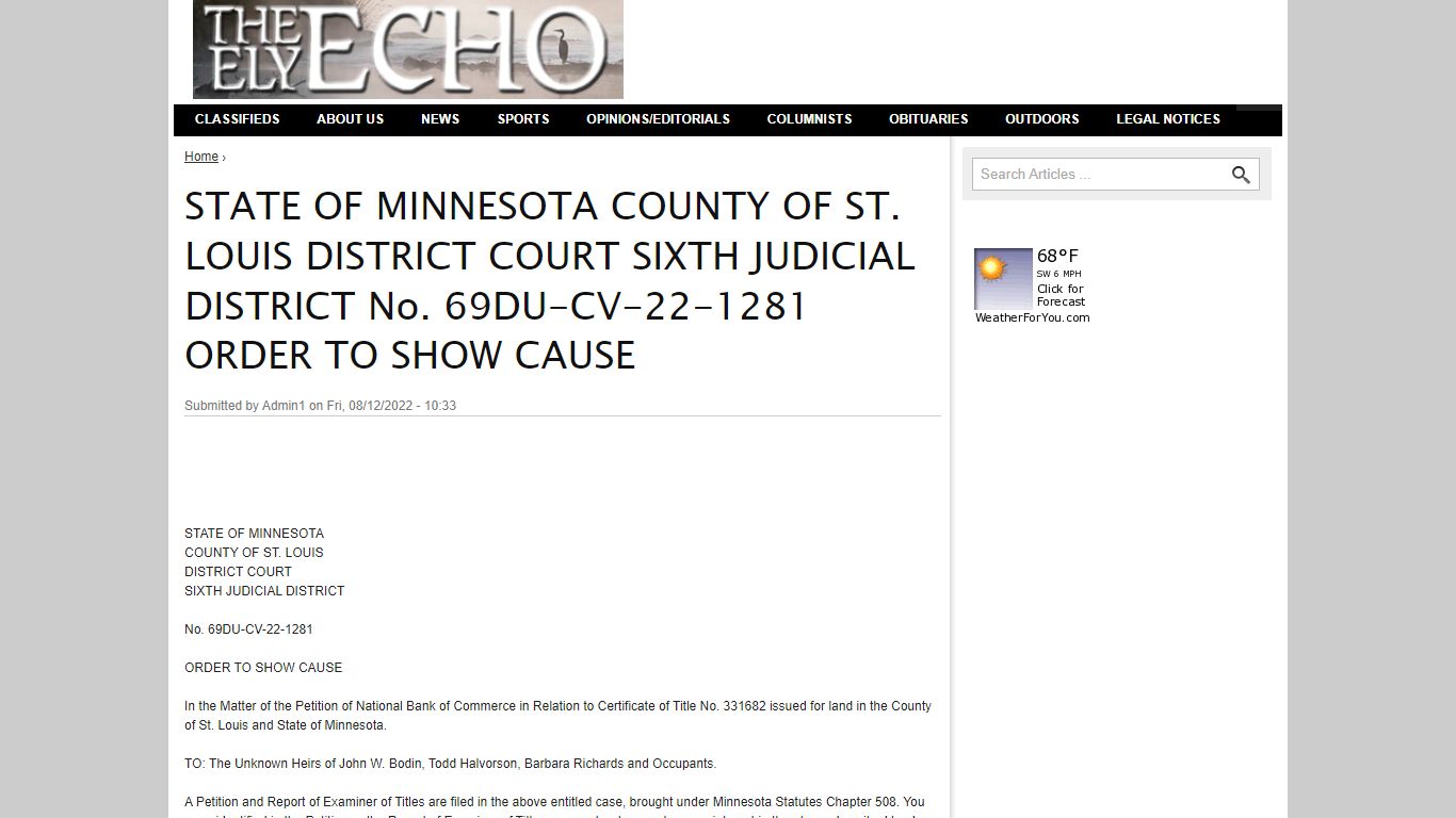 STATE OF MINNESOTA COUNTY OF ST. LOUIS DISTRICT COURT SIXTH JUDICIAL ...